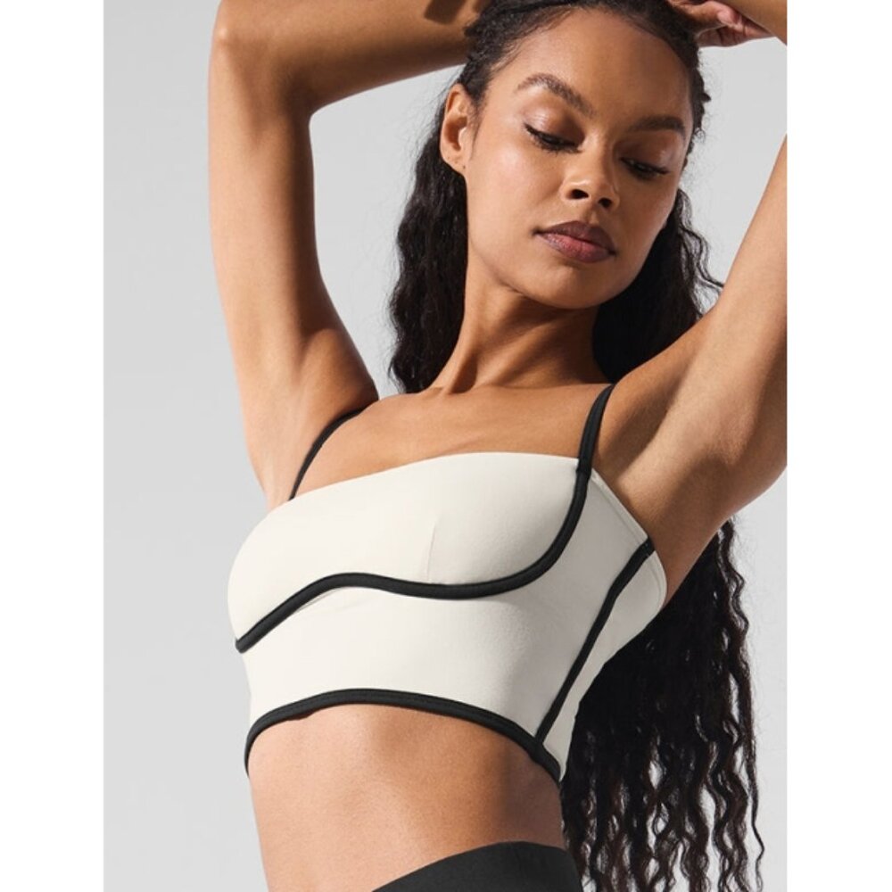 Alo Airbrush Streamlined Bra Tank Ivory Black Padded Sports Bralette Crop Top XS